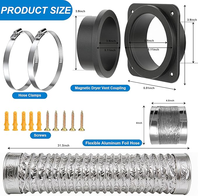 Magnetic Dryer Vent Coupling Connector Kit, Strong Magnet Airtight Seal, Quick Connect Disconnect, Easy to Clean Flexible 4" Exhaust Duct with 2 Clamps & Screws for Tight Spaces