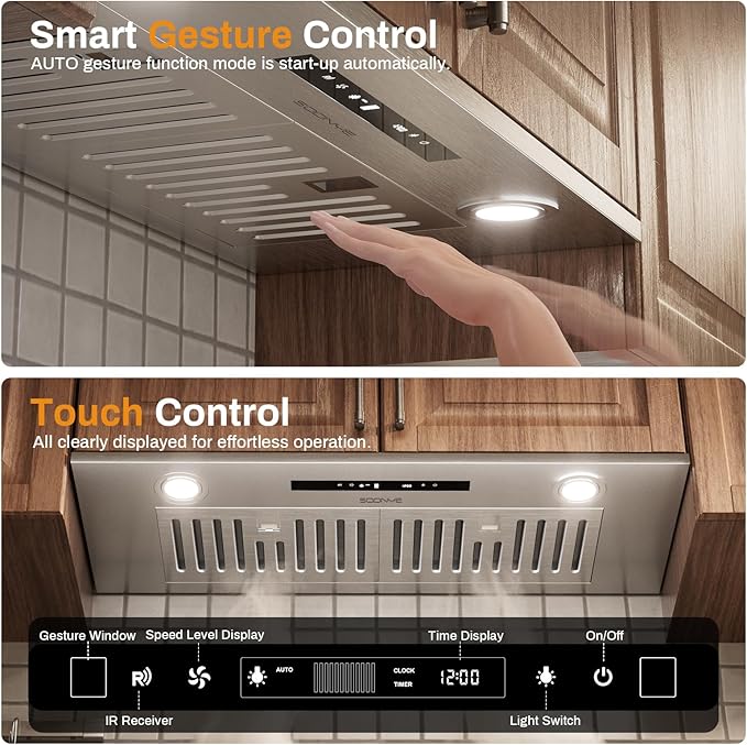 Range Hood 30 inch, Insert Range Hood 600 CFM Kitchen Vent Stove Hood with 3 Speed Gestures Sensor Touch Control with Remote, Permanent Baffle Filter, Ducted/Ductless Convertible