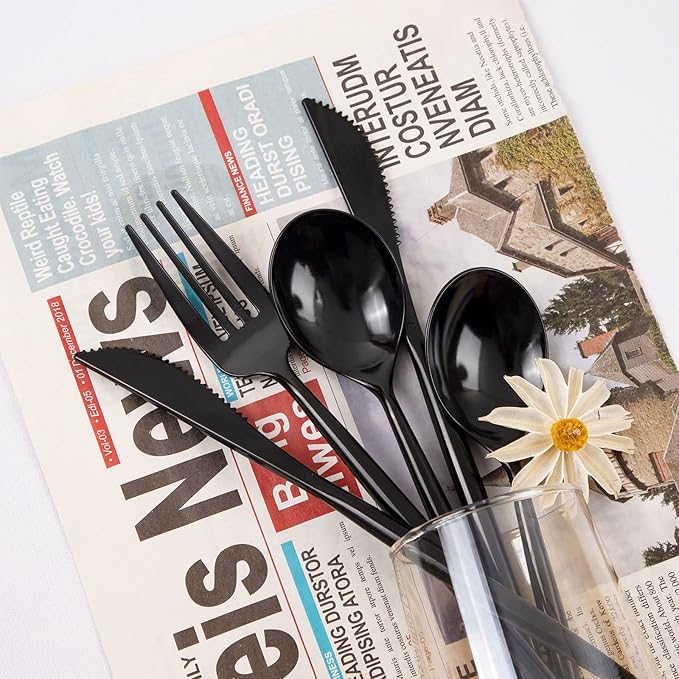 Supernal 180pcs Black Plastic Silverware Set - Heavy Duty Disposable Utensils (60 Forks, 60 Knives, 60 Spoons) - Elegant Black Cutlery for Parties, Weddings & BBQ