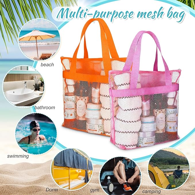 20 Pcs Mesh Shower Caddy Bags Portable Mesh Beach Bags Bulk with Zipper & 2 Pockets Hanging Toiletry and Bath Organizer for Gym Swimming Travel Camping College Dorms Beach (Fluorescent Color)
