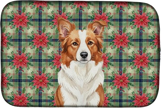 Caroline's Treasures Red and White Border Collie Christmas PoinsettIas Dish Drying Mat Absorbent Dish Drying Mat Pad for Kitchen Counter Dish Drainer Mat for Countertop, 14 x 21", Multicolor