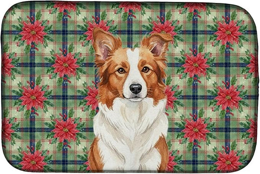 Caroline's Treasures Red and White Border Collie Christmas PoinsettIas Dish Drying Mat Absorbent Dish Drying Mat Pad for Kitchen Counter Dish Drainer Mat for Countertop, 14 x 21", Multicolor