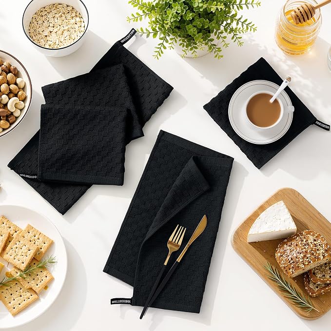 Homaxy 100% Cotton Terry Kitchen Dish Cloths, Ultra Soft Absorbent Dish Towels with Hanging Loop, Pineapple Grid Designed, 12 x 12 Inches, 6-Pack, Black
