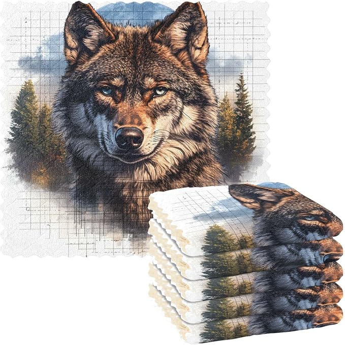 senya Kitchen Dishcloths, Wolf Pattern P Cloth Dish Towels 6 Pack Super Absorbent Dishtowels Reusable Cleaning Cloths