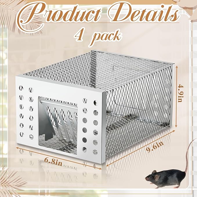 4 Pcs Humane Rat Trap Live Chipmunk Cage Trap for Indoor and Outdoor Small Rodent Animal Mouse Vole Chipmunk Hamsters Live Cage, Catch and Release (Closed)