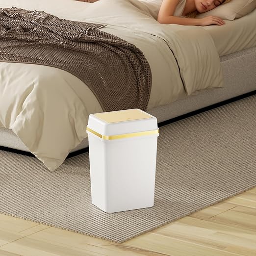 3 Pack Bathroom Trash Can with Lid 4 Gallon Small Trash Can with Press Top Lid White and Gold Bathroom Garbage Can with 150 Counts Trash Bags for Kitchen Bedroom Office