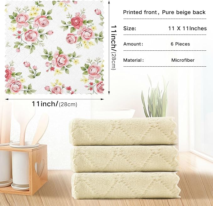 senya Kitchen Dishcloths, Pink Rose Flower Floral Cloth Dish Towels 6 Pack Super Absorbent Dishtowels Reusable Cleaning Cloths