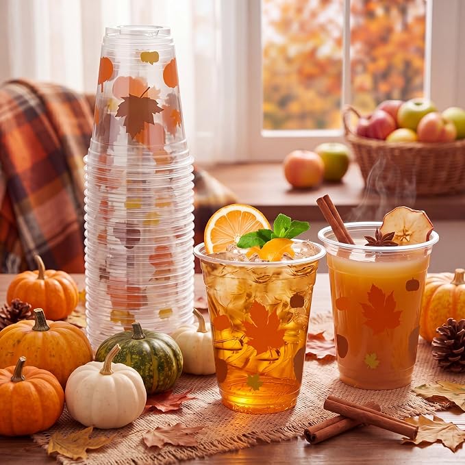 Uiifan 45 Pcs Fall Pumpkin Cups Bulk 16oz Fall Party Supplies Thanksgiving Disposable Plastic Drinking Cups Pumpkin Maple Leaf Decoration for Autumn Harvest Wedding Party Supplies