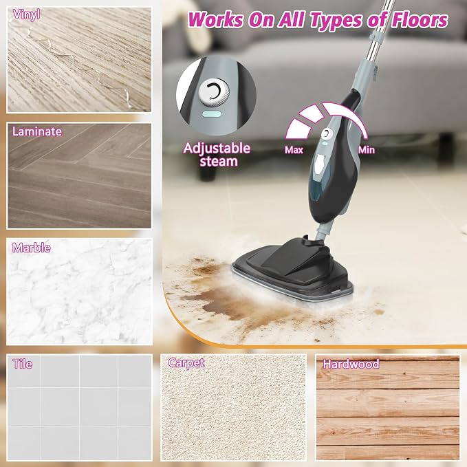 Steam Mop, Handheld Steam Cleaner with 2 Washable Pads, Floor Steamer for Hardwood and Tile, Multipurpose Floor Cleaner Machine for Carpets, Furniture, Windows, 1550W Deep Cleaning, Grey