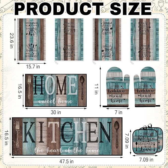 10 Pcs Turquoise Teal Kitchen Decor and Accessories Set, 4 Dish Towels Kitchen Rugs 2 Oven Mitts 2 Pot Holders, Home Decor for Cooking Baking BBQ Gifts Women Mom Housewarming