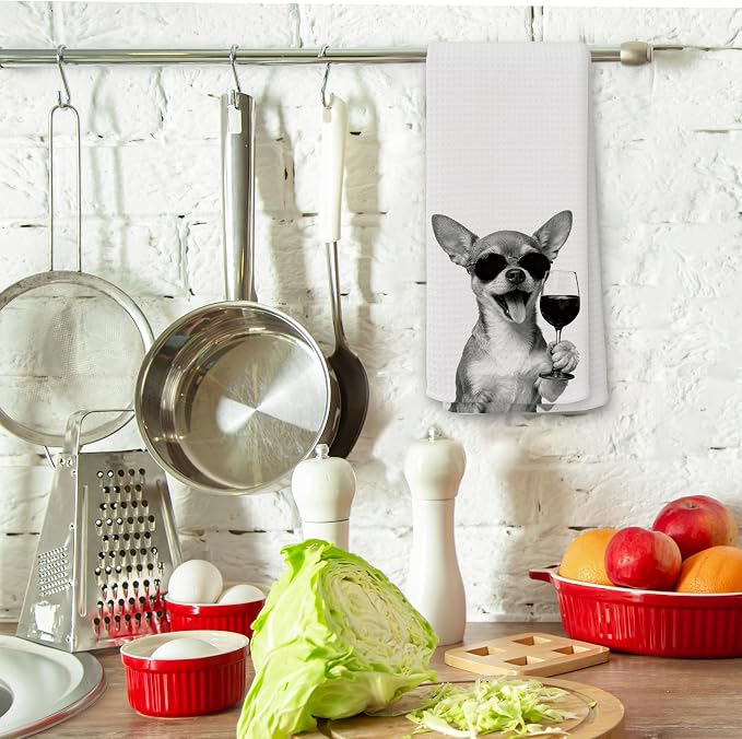 Funny Chihuahua Wine Kitchen Towels, Gifts for Dog Wine Lovers, Bar Accessories Dish Tea Towels for Kitchen, Dog Owners Housewarming Gift Decorative Hand Towel 16x24 Inch