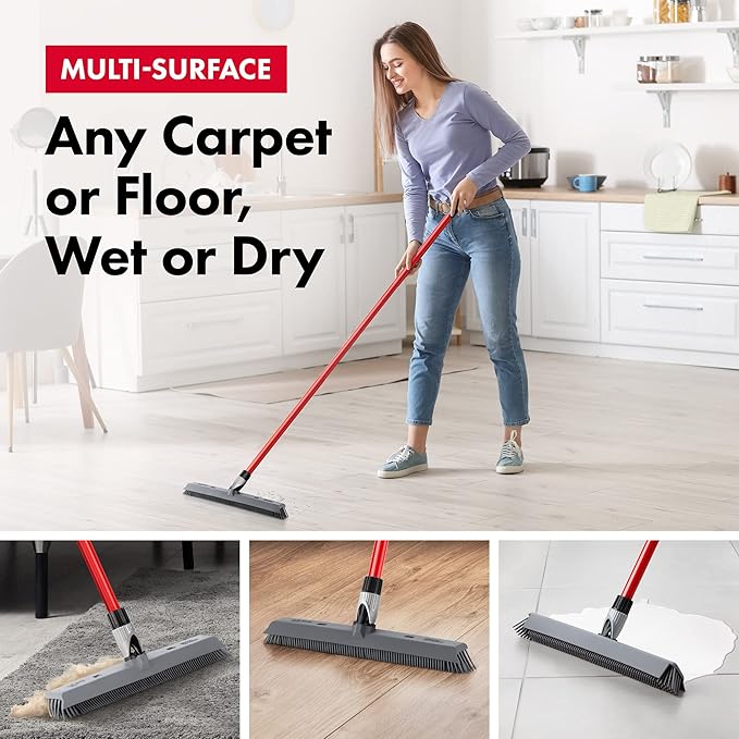 Tyroler 2-in-1 Silicone Broom & Floor Squeegee | 100% Silicone Head 16.1" | Anti-Rust 4-Piece Handle | Perfect Pet Hair Removal Rubber broom for Patio, Floors, Rugs, Carpet Rake, Decks, Indoor/Outdoor