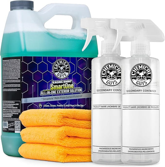 Chemical Guys Raging Rhino Waterless Car Wash And Quick Detailer, 128 Fl Oz With 2 Dilution Bottles and 3 Premium Microfiber Towels - 6 Items
