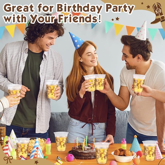 Jingmore 100 Pcs Western Plastic Cups 12 oz Clear Disposable Plastic Cowboy Cowgirl Drinking Cups Bulk for Boho Preppy Baby Shower Birthday Wild West Party Decoration Supplies(Cowboy Shoes,Brown)