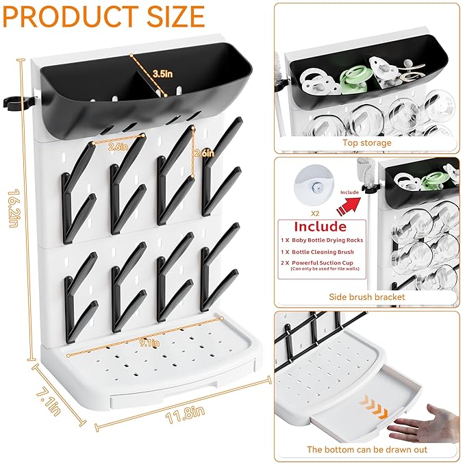 SuoXing Vertical Baby Bottle Drying Rack with Brush- Hold 16 Bottles - Large Breast Pump,Bottle Dryer Rack for Kitchen Countertop,Space Saving Bottle Stand Holder for Pacifiers,Pump Accessories,Black