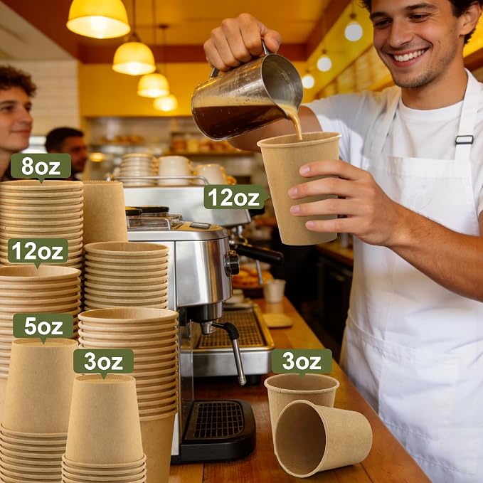 8 oz 100 Pack Disposable Coffee Cups, Bulk Brown Disposable Paper Cups, Coffee Cups for Hot Tea, Chocolate and Cold Drinks