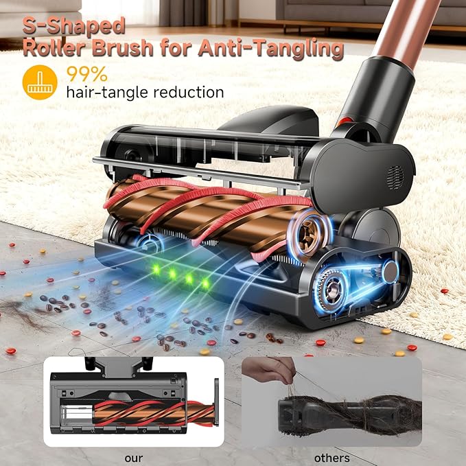 Cordless Stick Vacuum Cleaner - 45KPA Powerful Suction Vacuum with 45 Min Runtime, Detachable Battery, Anti-Tangle & 1.5L Dust Cup, 8 in 1 Vacuum Cleaner for Pet Hair, Carpet, HardFloor, Gold