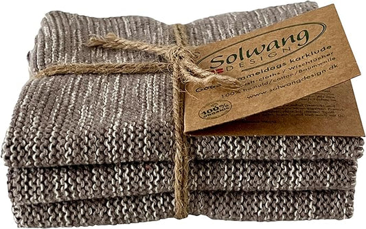 Solwang 3-Piece Danish Cotton Dishcloths in 100% Certified Organic Cotton Made in India (Light Grey/Nature Organic Trio)