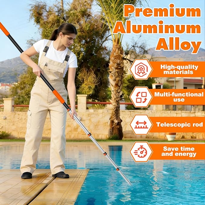 LAANPOLE Telescopic Pool Pole, 12ft Heavy Duty Swimming Pool Pole, Adjustable Pool Cleaning Pole for Skimmer Nets, Vacuum Heads and Brushes