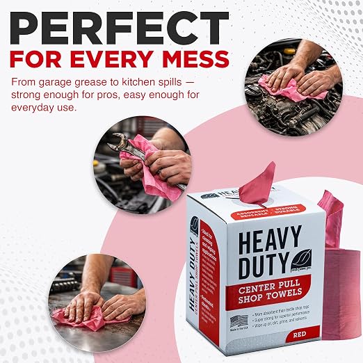 Fresh Towel Heavy Duty Center Pull Shop Towel Rags for Cleaning- (1 Box of 160 Sheets) Disposable Cleaning Towels - 9 x 12 inches - FT800 (Red)