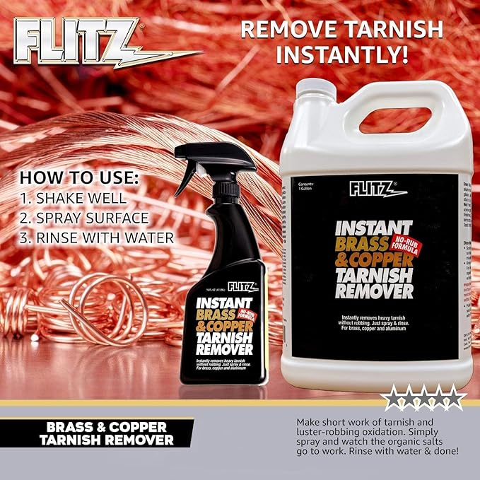 FLITZ Instant Brass and Copper Tarnish Remover - 16oz Bottle of USA-Made Organic Rust Remover Spray (No-Rub) - Removes Stains & Oxidation from Glass & Aluminum - Brass Cleaners That Work (1 Pack)