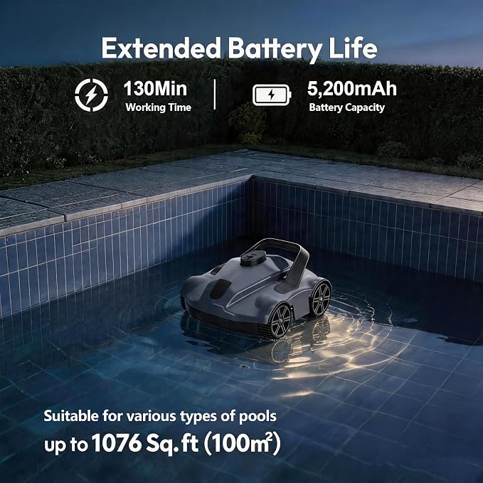 Cordless Robotic Pool Vacuum for Above Ground Pools, Rechargeable Automatic Pool Cleaner with Auto Parking,Efficient Filtration for Above Ground Pool Vacuum Robot