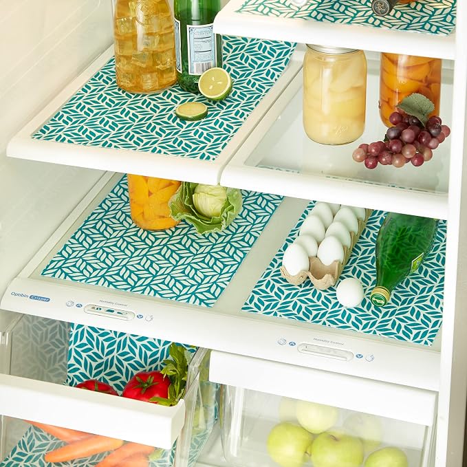 DII Fridge Liner Collection Non-Adhesive, Cut to Fit, 12x24, Teal Abstract Leaf, 6 Piece