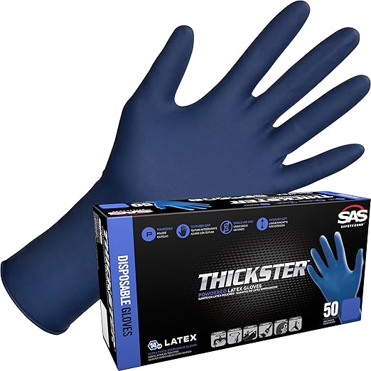 Thickster Powdered Latex Disposable Gloves. Size Medium. Blue Color, 14 mil Thickness, 12" Length. Fully Textured for Superior Grip. Single Use. Pack of 50. (6602)