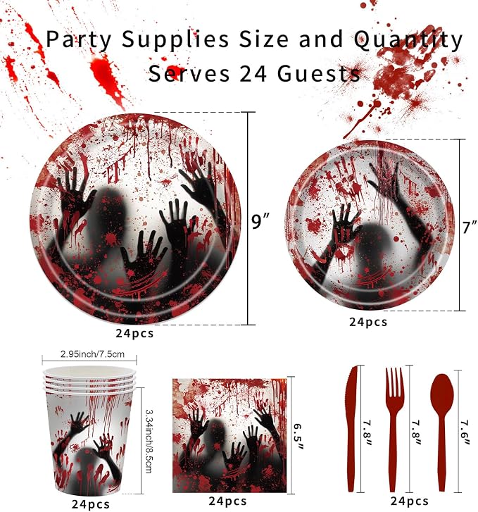 168 Pcs Bloody Halloween Supplies Serve 24 Zombie Horror Halloween Birthday Party Decorations Scream Bloody Good Time Party Plates and Napkins Dinnerware Set Horror Movie Decorations