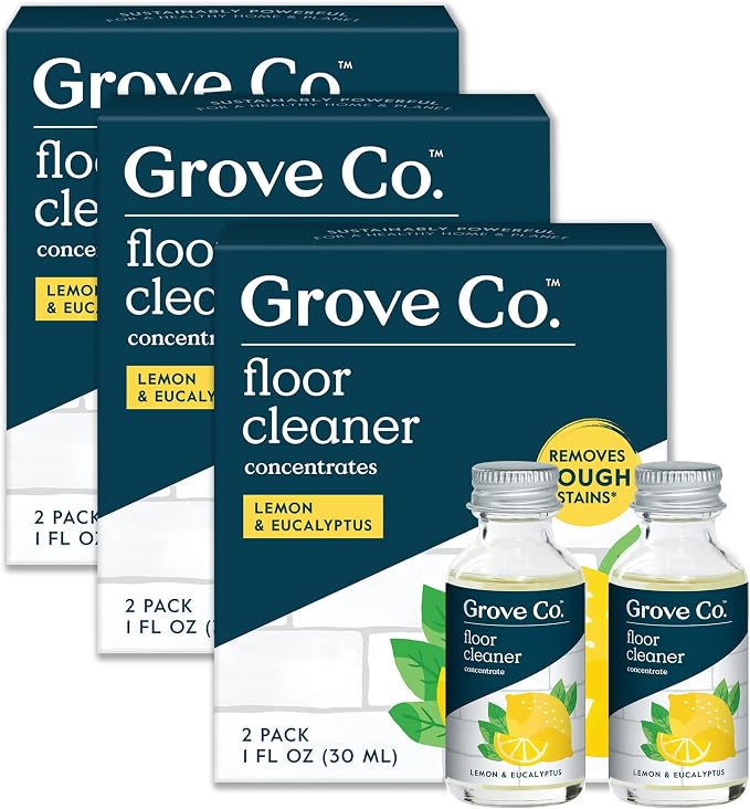 Grove Co. Floor Cleaner Refill Concentrate (6 x 1 Fl Oz) Plant-based Household Cleaning Supplies, Ammonia & Chlorine Free, No Plastic Waste, 100% Natural Lemon & Eucalyptus Scent, 3 x 2 Pack Refills