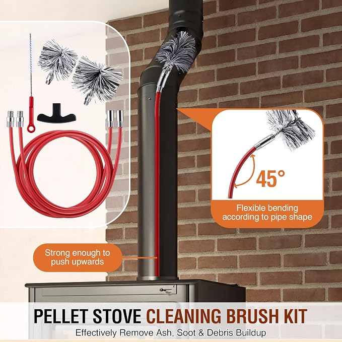 Feekoon Pellet Stove Cleaning Kit, 20 FT Flexible Steel Rod with 3" & 4" Brush Head, Flue Detail Cleaner, Pellet Stove Accessories for Vent Pipes Cleaning - Reduce Buildup & Improve Airflow