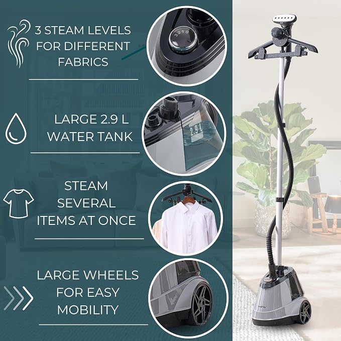 True & Tidy® Heavy Duty Auto Shut-off Commercial Garment Steamer, Smart Water Sensor w/Beep Alert, 3 Steam Settings, XL 3L Tank, 1800 watts, 90+min of Continuous Steam for Home and Commercial Use