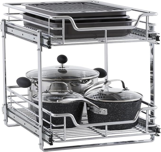 Household Essentials C21521-1 Glidez Dual 2-Tier Sliding Cabinet Organizer, 14.5" Wide, Chrome & Glidez Narrow Sliding Organizer, 7", Chrome