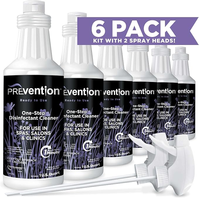 Prevention Ready-To-Use Disinfecting Cleaner – Hospital Grade Disinfectant Spray Solution for Salons, Spas, Clinics, Surfaces – Sanitizing Solution & Two Reusable Sprayers – 32oz Bottle (6 Pack)