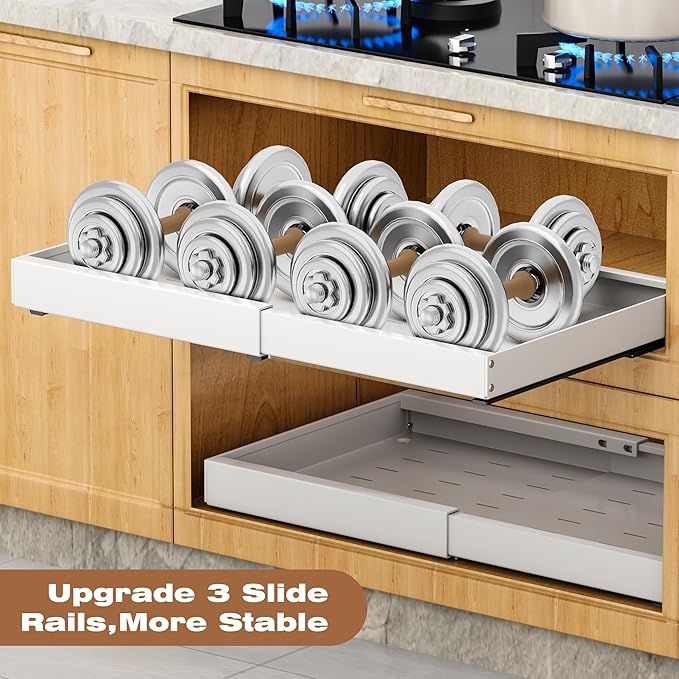 4 Pack Pull Out Cabinet Organizer Expandable,Adjustable 12-21 Inch Width Slide Out Drawer Shelves,Painted Carbon Steel with Heightening Pad,No Drill,for Kitchen/Bathroom/Pantry/Under Sink/Laundry Room