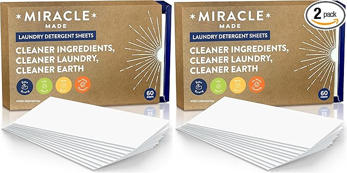 Miracle Made Liquidless Laundry Detergent Sheets – Ultra-Concentrated, Space-Saving, Plastic-Free – No Dyes, Bleach, or Parabens – 60 Strips (120 Loads) – Unscented (Pack of 2)
