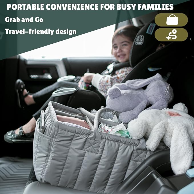 Large Diaper Caddy Organizer with Handle Neutral Boy Girl – Baby Basket for Nursery, Car, Changing Table – Portable Baby Storage with Compartments – Perfect for New Parents and Baby Shower Gifts