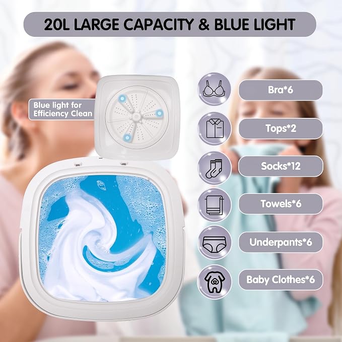 Mini Portable Washing Machine, 20L Foldable Portable Mini Washer Machine with Spin Dry, Collapsible Travel Washing Machine for Dorms, Apartment, RV and Camping. (Grey)