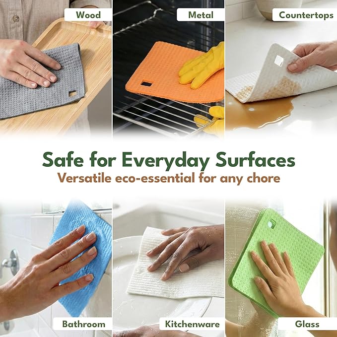 AIRNEX Natural Kitchen Cleaning Bundle - 12 Compostable Cellulose & Coconut Sponges & 10 Cellulose Swedish Dishcloths - Non-Scratch Dish Sponges & Reusable Absorbent Cleaning Cloths