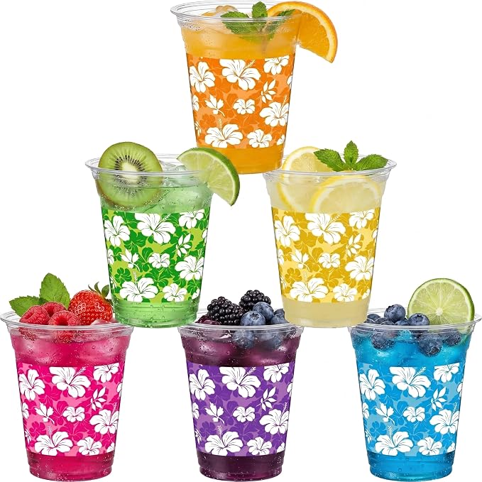 Tanlade 120 Pcs Hawaiian Luau Cups 12 oz Plastic Tropical Floral Cup Disposable Party Drinking Hawaii Hibiscus Beverage Drinkware for Summer Hawaiian Luau Tropical Pool Beach Birthday Party Supplies