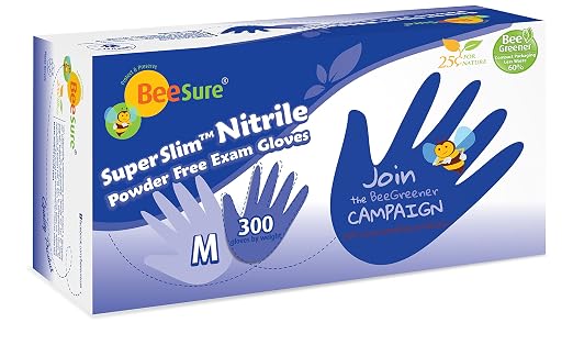 BeeSure BE1147case Powder Free Exam Gloves, Nitrile, Beaded-Cuff, Medium, Blue (Pack of 3000)