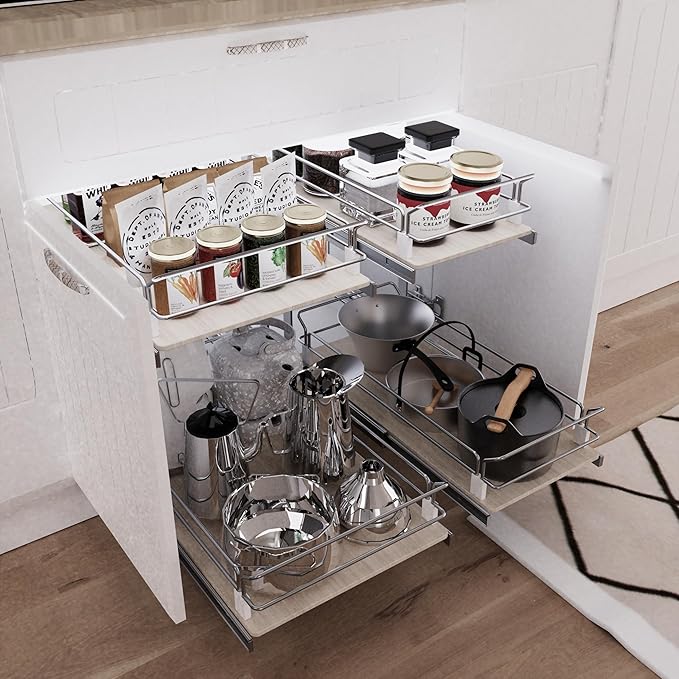 2 Tier Pull Out Cabinet Organizer 11" W X 22" D, Slide Out Drawers For Kitchen Cabinets, Pull Out Drawers For Cabinets Capacity Heavy Duty Caddy, Cabinet Pullout Shelves Wood Chrome, Pantry Storage
