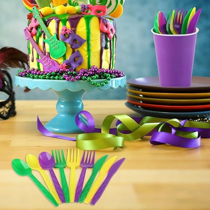 Kochorie 90 Pieces Mardi Gras Plastic Cutlery Set Purple Yellow Green Disposable Plastic Utensils Heavy Duty Flatware Set Include 30 Knives 30 Forks 30 Spoons for Carnival Masquerade Birthday Party