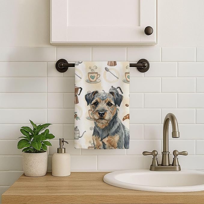 Caroline's Treasures Blue and Tan Border Terrier Coffee Bar Kitchen Towel Velour Plush Front and Cotton Loop Back Machine Washable