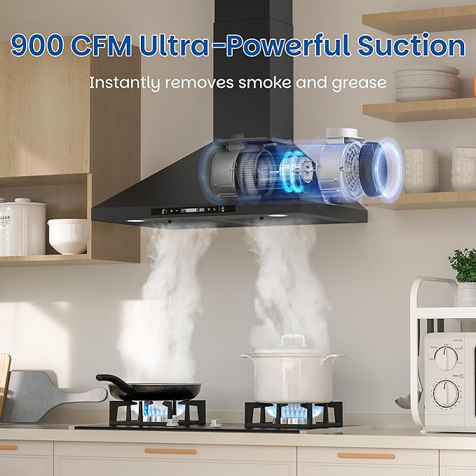 FIREGAS Wall Mount Black Range Hood 30 Inch, 900 CFM Ducted Kitchen Hood 3-Speed Exhaust Fan, Gesture/Touch Control, Timer, 2 Baffle Filters, Stainless Steel Stove Vent Hood