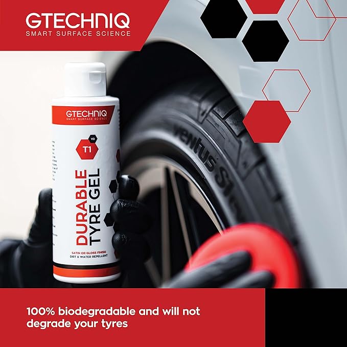 Gtechniq T1 Durable Tire Gel for Car Tire Shine, 33.8 fl oz | Repels Water, Dirt and Grime, Restores Tire Black Finish, Long Lasting New Tire Finish and Shine, Easy to Apply