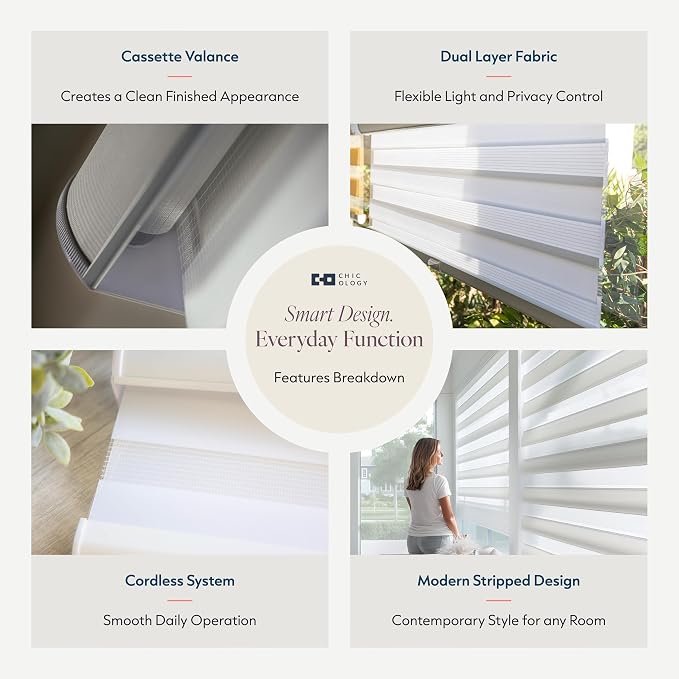 CHICOLOGY Zebra Blinds Cordless Window Shades, Dual Layer Light Filtering Roller Shades for Windows, Sheer Privacy Striped Fabric, Easy Install, 29"W x 72"H, Basic Arctic
