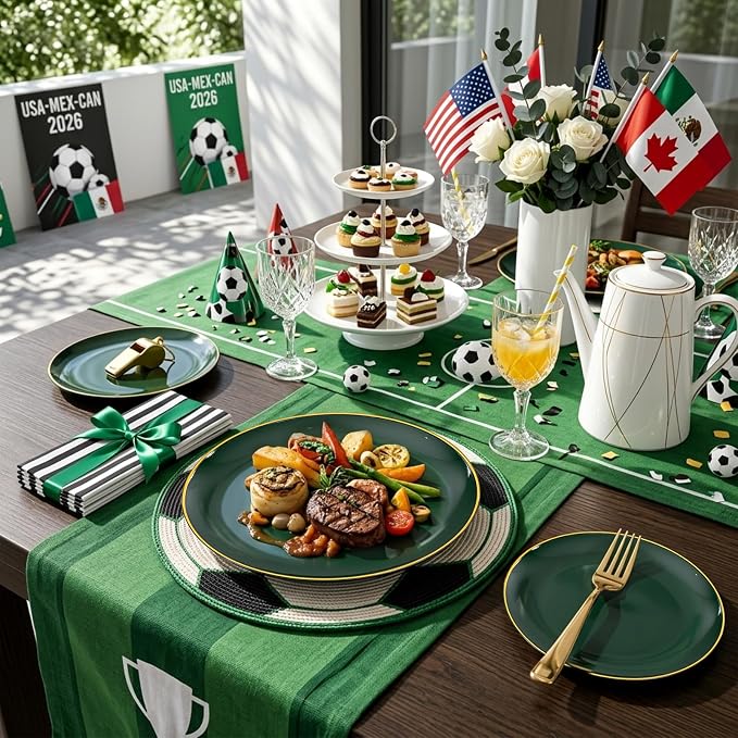 KIRE 175PCS Green Plastic Plates with Gold Rim - Heavy Duty Green Plates Disposable Include 50 Fancy Plastic Plate, 25Pre Rolled Napkins 25 Cups For Party/Wedding/Spring/2026 FIFA World Cup