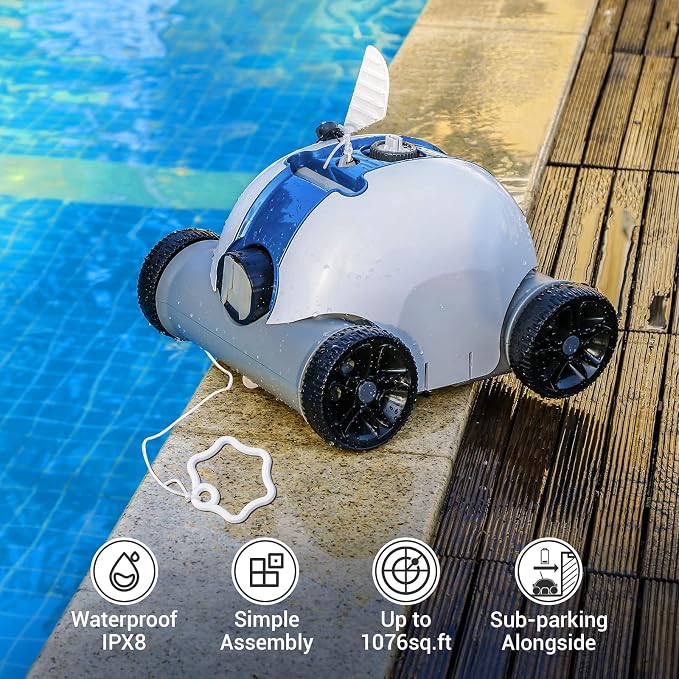 Cordless Robotic Pool Cleaner, Automatic Pool Vacuum with 60-90 Mins Working Time, Rechargeable Battery, IPX8 Waterproof for Above/In-Ground Swimming Pools Up to 861 Sq Ft