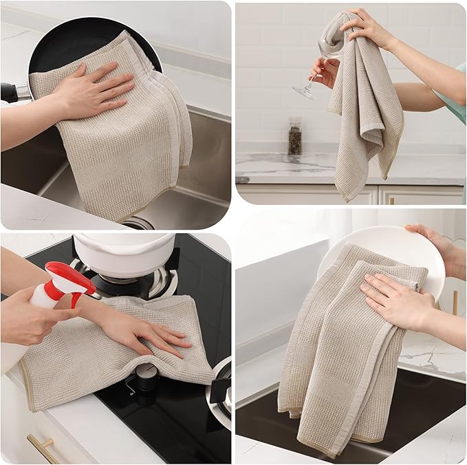 Mordimy Premium Kitchen Towels 8 Pack (18 x 28 Inches, Khaki), Large Cotton Kitchen Hand Towel, Flat & Terry Dish Towels for Drying Dishes, Super Absorbent Tea Dishtowels Set with Hanging Loop